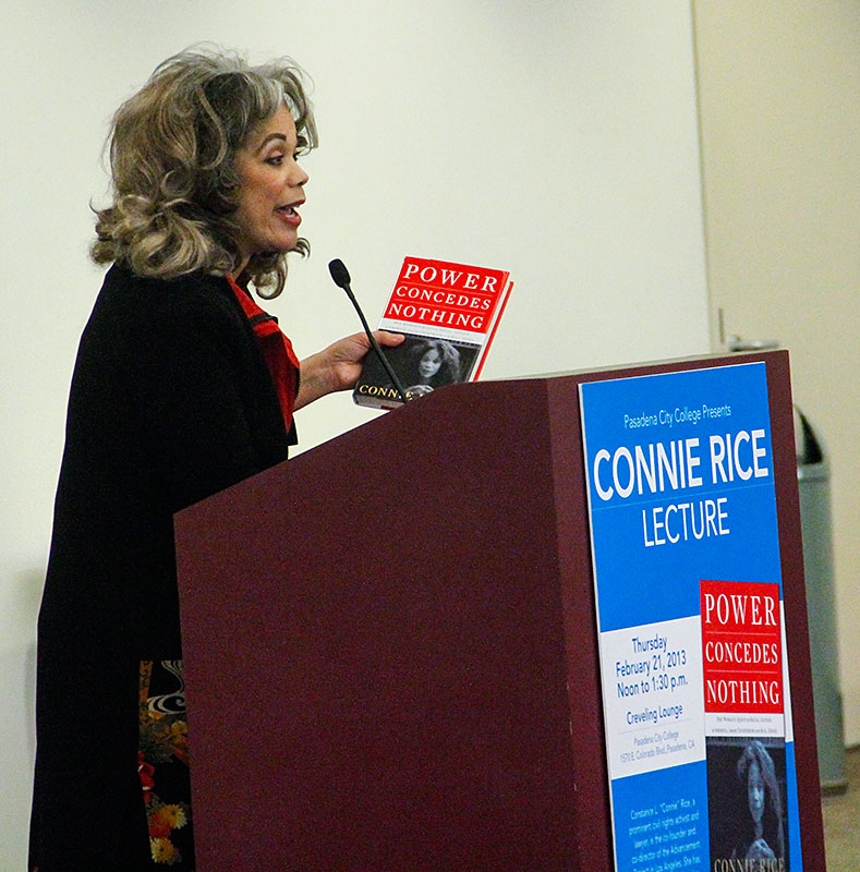 Justin Clay / Courier Civil rights activist Connie Rice gives a lecture in PCC's Crevaling Lounge on Thursday, Feb. 21. Rice talked about her book 'Power Concedes Nothing' as well as her experiences as a civil rights lawyer.