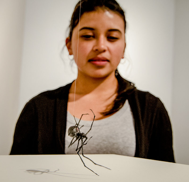 John Novak / Courier Gallery Assistant Keila Chinchilla, business, grimaces at the life like sculpture in the art gallery on Wednesday, Feb. 20. The piece is on display as part of Tom LaDuke's residency.