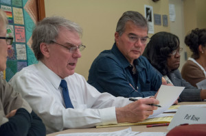 Concepcion Gonzalez/Courier Dan Haley, left, Eduardo Cario, talk about the boycott aganist the Committe on Academic and Professional Matters (CAPM) meetings, on Monday.