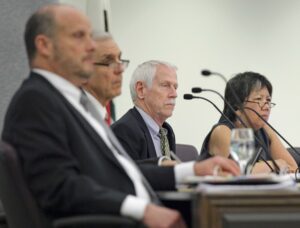Katja Liebing/Courier Member of the Board of Trustees meeting listen to the football players of Pasadena City College speak out about the removal of their coach Thom Kaumeyer during a meeting on Wednesday, February 24, 2016.
