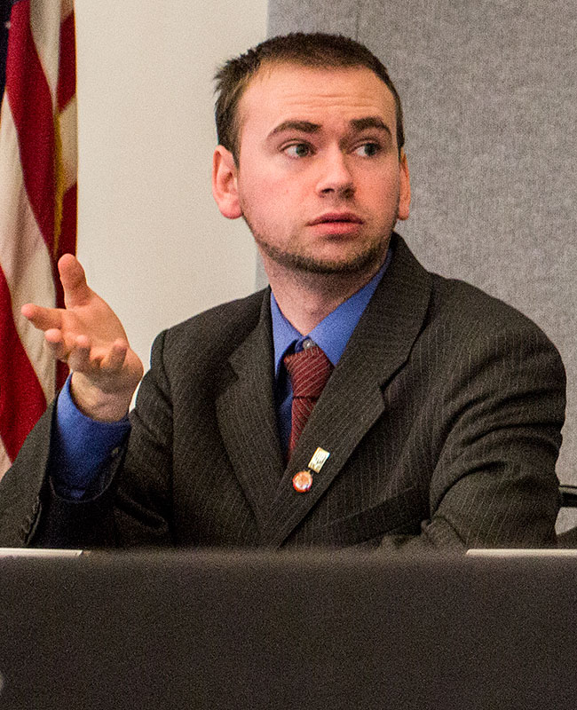 John Novak / Courier Associated Students President Simon Fraser discusses the vote of no confidence in the Creveling Lounge on Wednesday, Feb. 27.