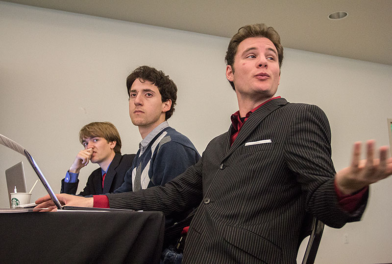 John Novak / Courier Vice Chair of the Lobby committee Thomas Hatfield expresses one of his concerns at the Associated Student Meeting on Wednesday, Feb. 27. "I have a question, Where is Dr. Rocha?" he voiced as they discussed the vote of no confidence.
