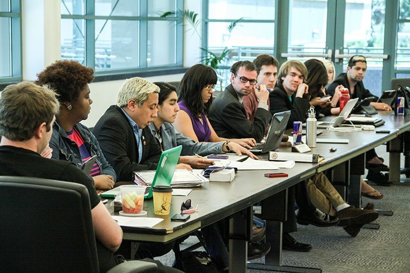 Justin Clay / Courier. The AS board during a meeting on Wednesday April 17, 2013 in Pasadena, Calif. The meeting had to be moved from its usual room in CC 212 to the Creveling Lounge due to the high number people in attendance.
